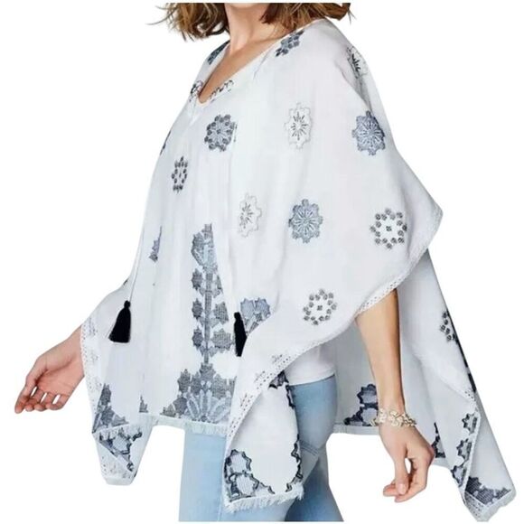 J. Jill Ocean Breeze Botanical Embroidered Poncho Top Kimono Women’s One Size - Picture 2 of 7